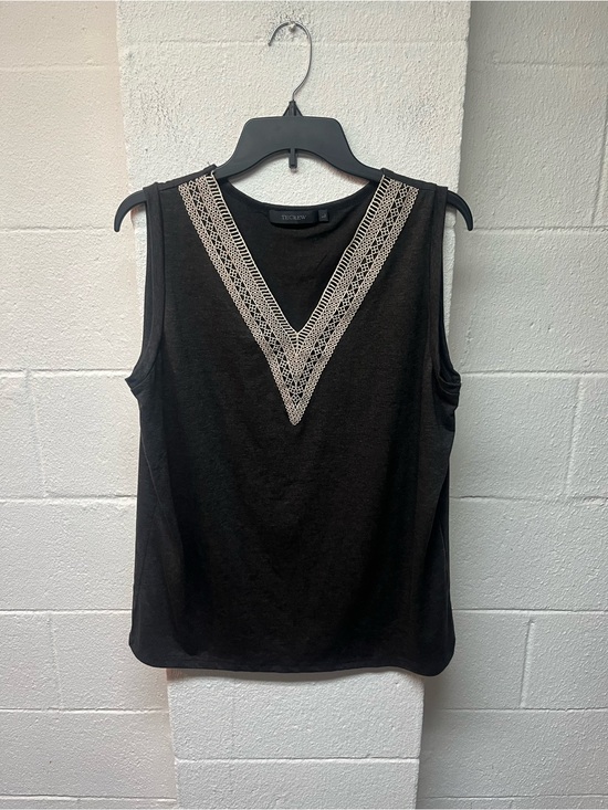 Tecrew Tops - Sleeveless Black/Gray Tank with Cream Lace V-Inset